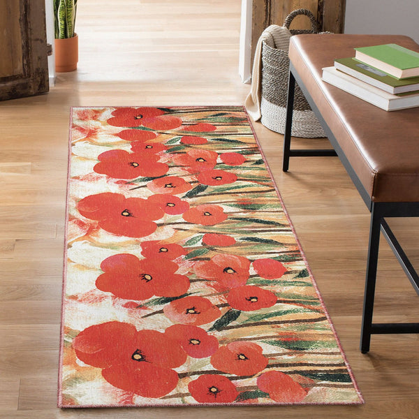 Trans Ocean Liora Manne Impressions Poppies Indoor Mat - Vibrant Floral Design On Marled Gold Background Red Polyester Iprr5292524