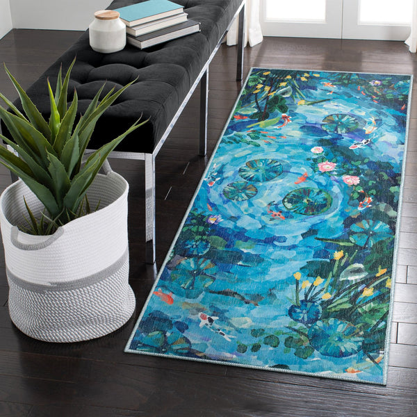 Trans Ocean Liora Manne Impressions Peace Pond Indoor Mat - Modern Coastal Design With Koi And Lily Blooms Blue Polyester Iprr5293204