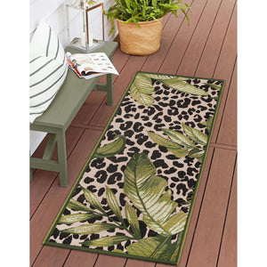 Trans Ocean Liora Manne Esencia Safari Indoor/Outdoor Mat - Bold Leopard Print With Tropical Leaves Design Green Polypropylene,Polyester Ecnr5805606
