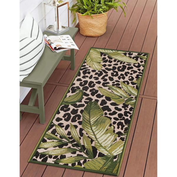 Trans Ocean Liora Manne Esencia Safari Indoor/Outdoor Mat - Bold Leopard Print With Tropical Leaves Design Green Polypropylene,Polyester Ecnr5805606