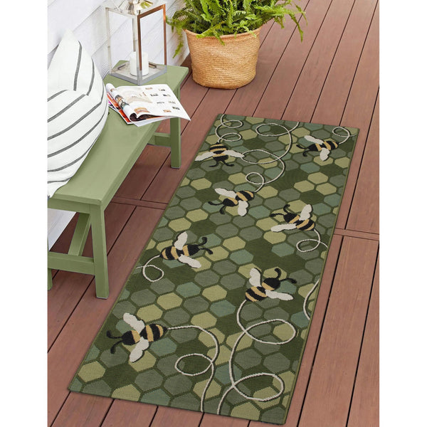 Trans Ocean Liora Manne Esencia Bee Free Indoor/Outdoor Mat - Whimsical Bees On Vibrant Mosaic Background Green Polypropylene,Polyester Ecnr5958506
