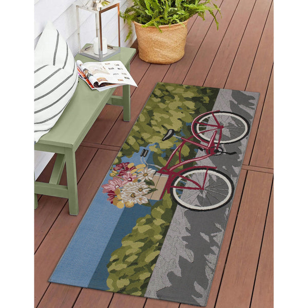 Trans Ocean Liora Manne Esencia Summer Ride Indoor/Outdoor Mat - Whimsical Bike Design With Floral Accents Blue Polypropylene,Polyester Ecnr5960003