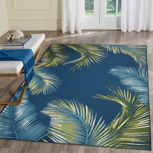 Trans Ocean Liora Manne Marina Palm Border Area Rug - Stylish Indoor/Outdoor Transitional Botanical Design Navy Polypropylene,Polyester Mna45815133