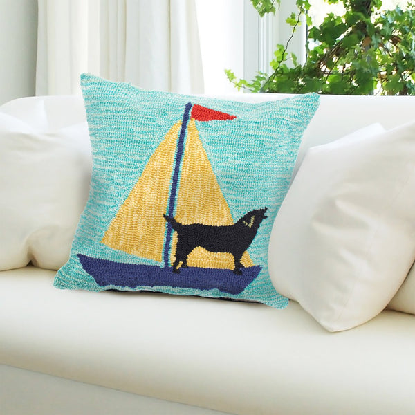 Trans Ocean Liora Manne Coastal Sailing Dog Pillow - Handmade 18" X 18" Indoor/Outdoor Decor In Yellow & Aqua Blue Polyester,Acrylic 7fp8s140209