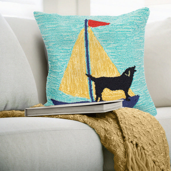 Trans Ocean Liora Manne Coastal Sailing Dog Pillow - Handmade 18" X 18" Indoor/Outdoor Decor In Yellow & Aqua Blue Polyester,Acrylic 7fp8s140209