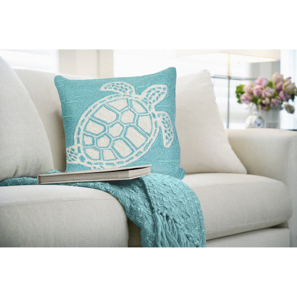 Trans Ocean Liora Manne Frontporch Turtle Indoor/Outdoor Handmade Pillow - Coastal Geometric Accent Design Blue Polyester,Acrylic 7fp8s163404