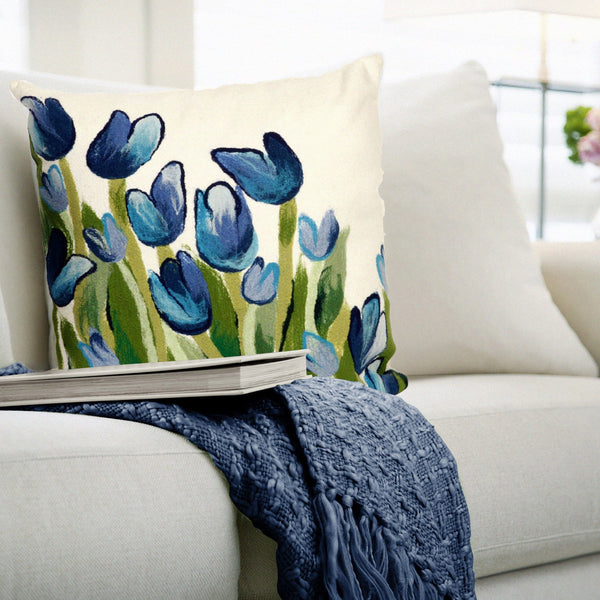 Trans Ocean Liora Manne Visions Iii Indoor/Outdoor Handmade Floral Pillow - Contemporary Tulips Design Accent Blue Polyester 7sc2s413403