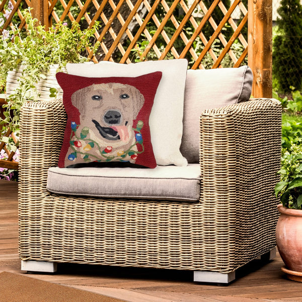 Trans Ocean Liora Manne Frontporch Happy Holidays Indoor/Outdoor Pillow - Cheerful Lab With Festive Lights Red Polyester,Acrylic 7fp8s156124