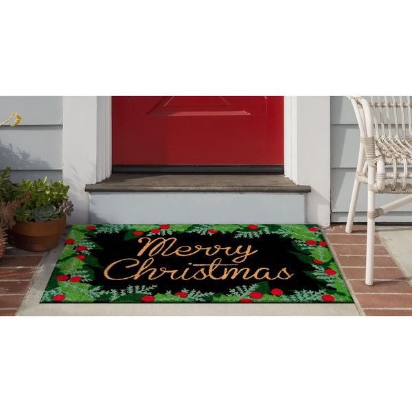 Trans Ocean Liora Manne Merry Christmas Holly Outdoor Mat - Elegant Black Coir With Festive Border Design 1'6"X2'6" Black Coir Ntr12222748