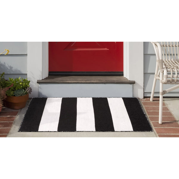 Trans Ocean Liora Manne Sorrento Rugby Stripe Indoor/Outdoor Area Rug – Hand Woven Geometric Accent For Style Black Polyester,Acrylic Srn23630248