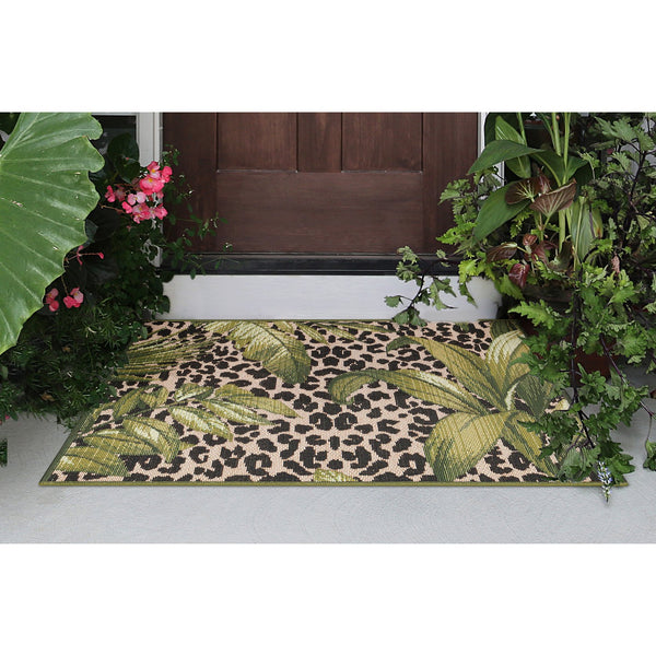 Trans Ocean Liora Manne Esencia Safari Indoor/Outdoor Mat - Bold Leopard Print With Tropical Leaves Design Green Polypropylene,Polyester Ecnr5805606