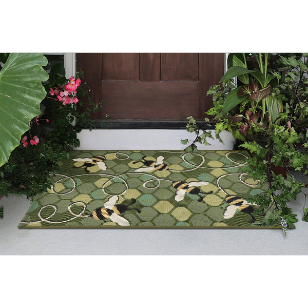 Trans Ocean Liora Manne Esencia Bee Free Indoor/Outdoor Mat - Whimsical Bees On Vibrant Mosaic Background Green Polypropylene,Polyester Ecnr5958506