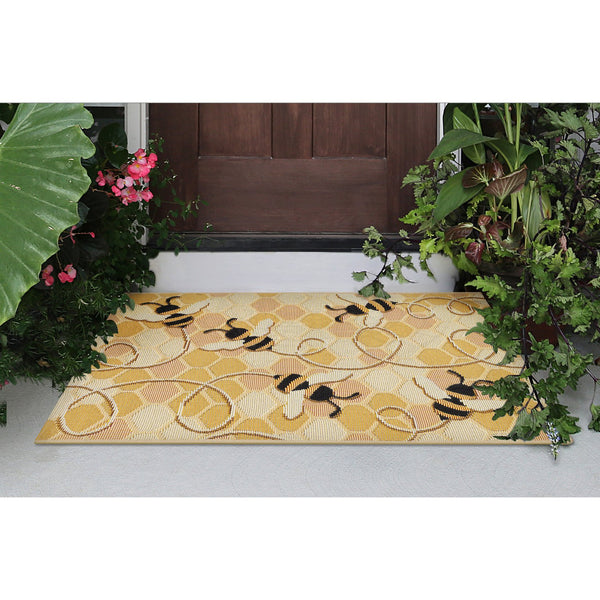 Trans Ocean Liora Manne Esencia Bee Free Indoor/Outdoor Mat - Whimsical Bees On Vibrant Mosaic Background Gold Polypropylene,Polyester Ecn23958509
