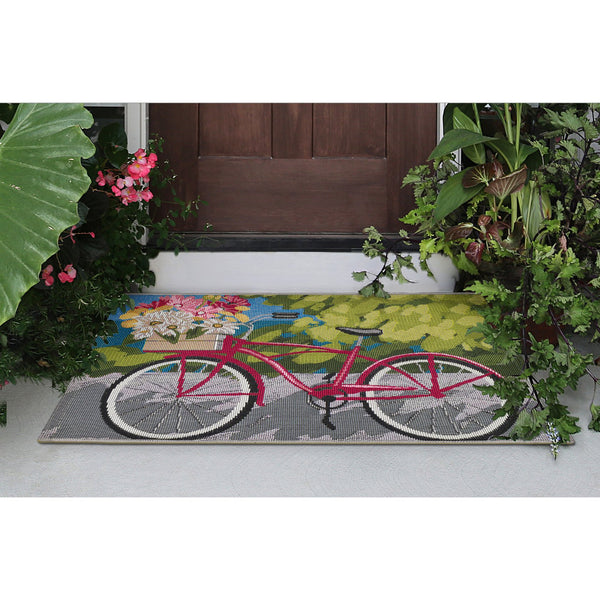Trans Ocean Liora Manne Esencia Summer Ride Indoor/Outdoor Mat - Whimsical Bike Design With Floral Accents Blue Polypropylene,Polyester Ecn23960003
