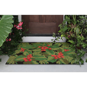 Trans Ocean Liora Manne Natura Hollyberries Outdoor Mat - Festive Black Design With Green Leaves & Red Berries Black Coir Ntr12253848