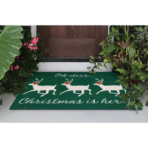 Trans Ocean Liora Manne Natura Christmas Outdoor Mat - Festive Deer & Poinsettia Design For Holiday Cheer 1'6"X2'6" Green Coir Ntr12254116