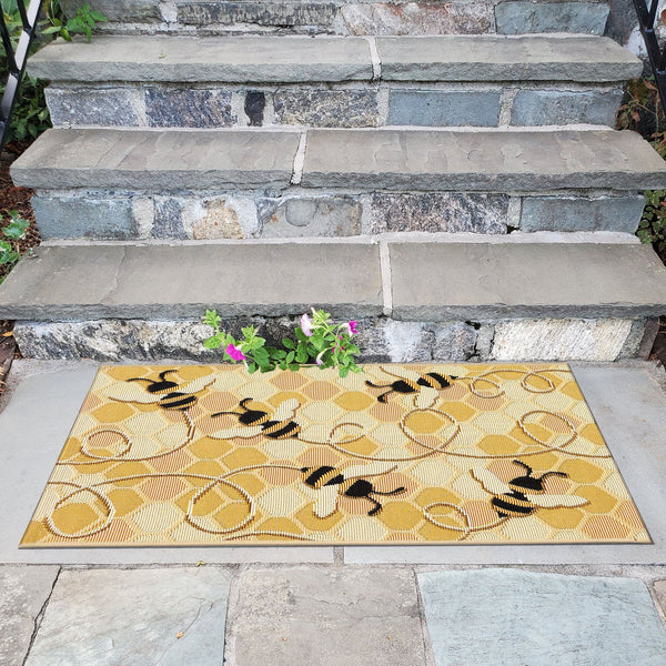 Trans Ocean Liora Manne Esencia Bee Free Indoor/Outdoor Mat - Whimsical Bees On Vibrant Mosaic Background Gold Polypropylene,Polyester Ecn23958509