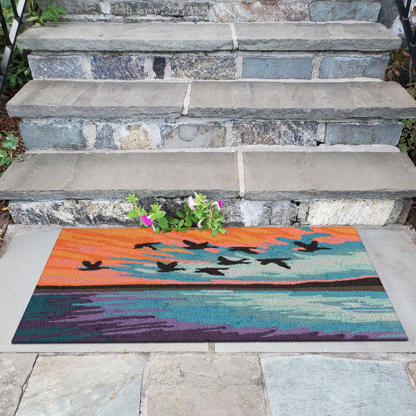 Trans Ocean Liora Frontporch Flock Indoor/Outdoor Rug - Whimsical Bird Design For A Charming Home Accent Blue Polyester,Acrylic Ftp34457203