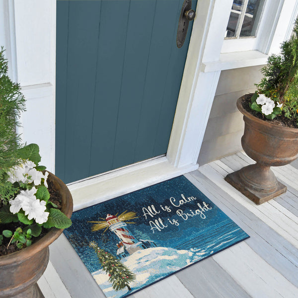 Trans Ocean Liora Manne Esencia All Is Calm Coastal Welcome Mat - Vibrant Lighthouse & Holiday Cheer Decor Navy Polypropylene,Polyester Ecn23971747