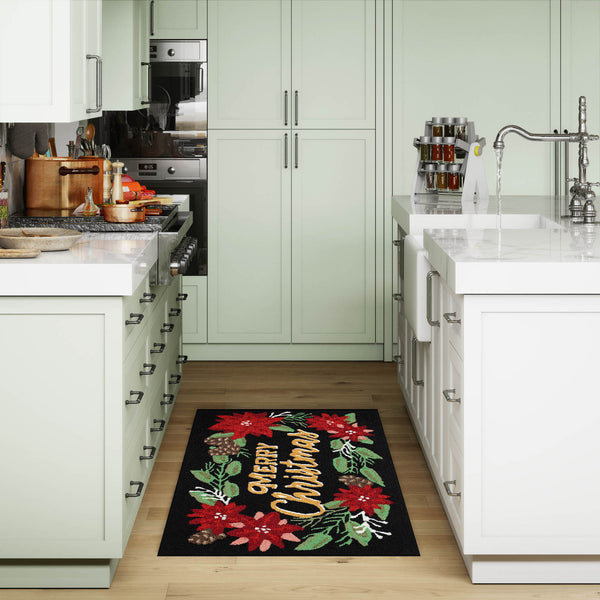 Trans Ocean Liora Manne Merry Christmas Indoor/Outdoor Mat With Festive Poinsettia Design For Holiday Cheer Black Polyester,Acrylic Ftp23469748