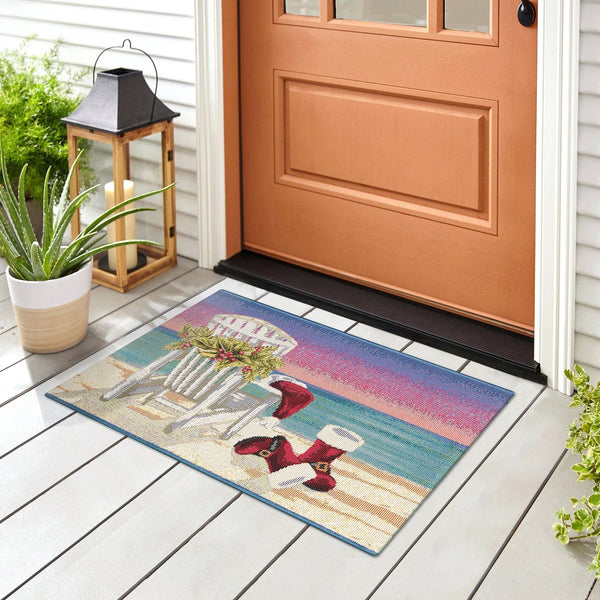 Trans Ocean Liora Manne Esencia Santa Siesta Indoor/Outdoor Mat - Whimsical Beach Scene For Holiday Cheer Blue Polypropylene,Polyester Ecn34964104
