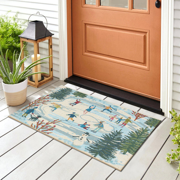 Trans Ocean Liora Manne Esencia Gone Skating Indoor/Outdoor Mat - Whimsical Winter Fun With Colorful Skaters Blue Polypropylene,Polyester Ecn34964703