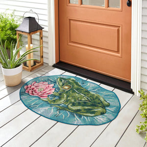 Trans Ocean Liora Esencia Frog & Lotus Indoor/Outdoor Non-slip Mat – Whimsical Green Garden Decor, 3'3"X2'1" Green Polypropylene,Polyester Ecn35961006