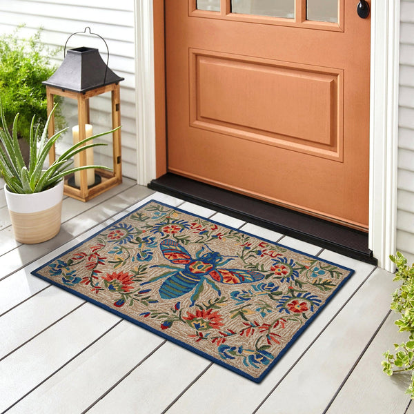 Trans Ocean Liora Manne Frontporch Flora Bee Indoor/Outdoor Rug - Vibrant Garden Design With Queen Bee Artistry Natural Polyester,Acrylic Ftp34463822
