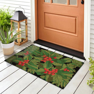 Trans Ocean Liora Manne Natura Hollyberries Outdoor Mat - Festive Black Design With Green Leaves & Red Berries Black Coir Ntr12253848