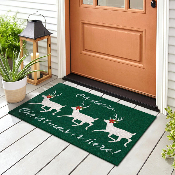 Trans Ocean Liora Manne Natura Christmas Outdoor Mat - Festive Deer & Poinsettia Design For Holiday Cheer 1'6"X2'6" Green Coir Ntr12254116