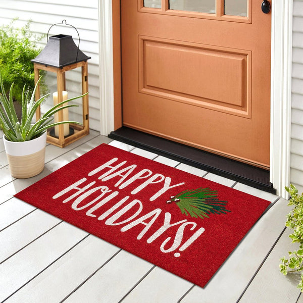 Trans Ocean Liora Happy Holidays Holly Outdoor Mat - Festive Red Coir Design With Botanical Leaves, 1'6" X 2'6" Red Coir Ntr12251324