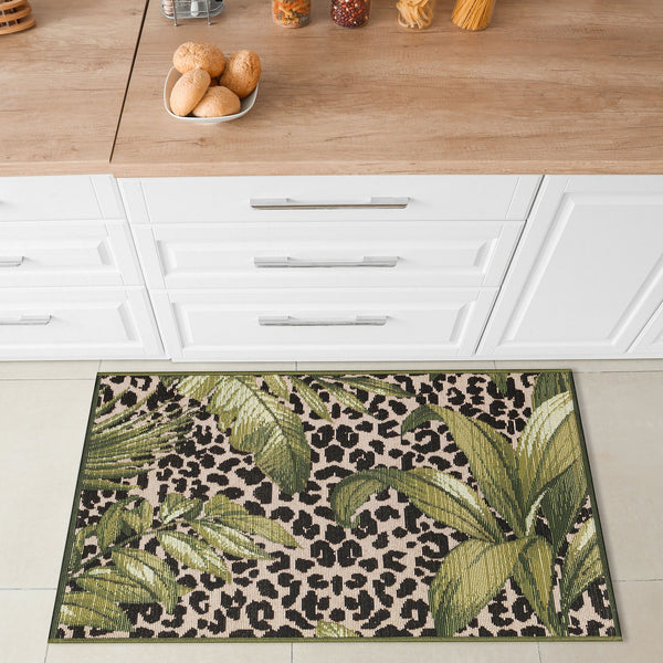 Trans Ocean Liora Manne Esencia Safari Indoor/Outdoor Mat - Bold Leopard Print With Tropical Leaves Design Green Polypropylene,Polyester Ecn23805606