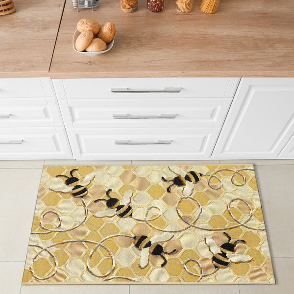 Trans Ocean Liora Manne Esencia Bee Free Indoor/Outdoor Mat - Whimsical Bees On Vibrant Mosaic Background Gold Polypropylene,Polyester Ecn23958509