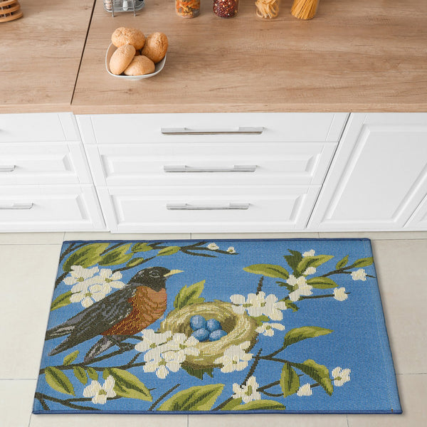Trans Ocean Liora Manne Esencia Robin's Nest Indoor/Outdoor Mat - Whimsical Design With Charming Bird & Flowers Blue Polypropylene,Polyester Ecnr5958603