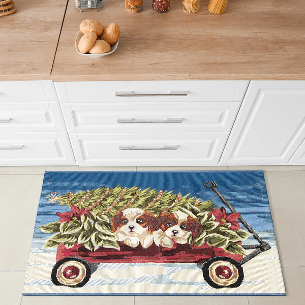 Trans Ocean Liora Manne Esencia Wagon Wonderland Indoor/Outdoor Mat With Adorable Puppies And Holiday Charm Blue Polypropylene,Polyester Ecn34963903