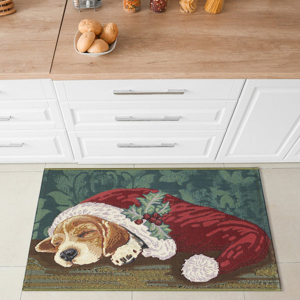 Trans Ocean Liora Manne Esencia Indoor/Outdoor Whimsical Dog Mat - Adorable Puppy In Santa Hat Design Green Polypropylene,Polyester Ecn23964016