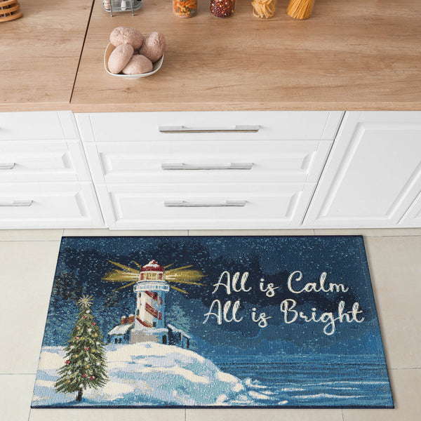 Trans Ocean Liora Manne Esencia All Is Calm Coastal Welcome Mat - Vibrant Lighthouse & Holiday Cheer Decor Navy Polypropylene,Polyester Ecn23971747