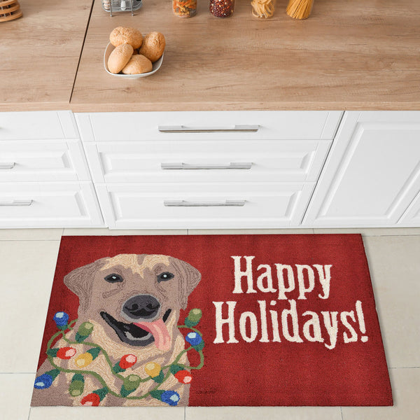 Trans Ocean Liora Manne Frontporch Happy Holidays Indoor/Outdoor Pillow - Cheerful Lab With Festive Lights Red Polyester,Acrylic Ftp12156124