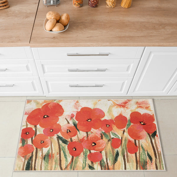Trans Ocean Liora Manne Impressions Poppies Indoor Mat - Vibrant Floral Design On Marled Gold Background Red Polyester Ipr34292524
