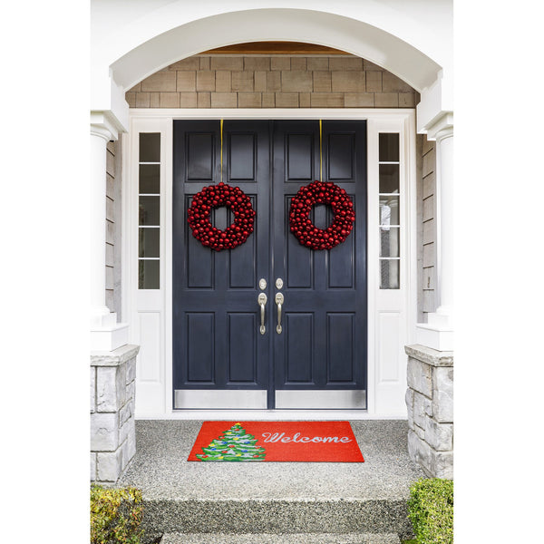 Trans Ocean Liora Manne Winter Welcome Outdoor Mat - Festive Red Coir Decor With Christmas Tree & Silver Greeting Red Coir Ntr12207024