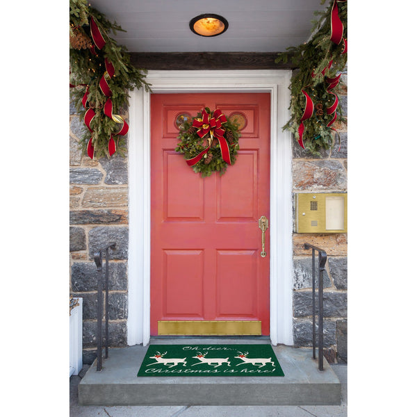 Trans Ocean Liora Manne Natura Christmas Outdoor Mat - Festive Deer & Poinsettia Design For Holiday Cheer 1'6"X2'6" Green Coir Ntr12254116