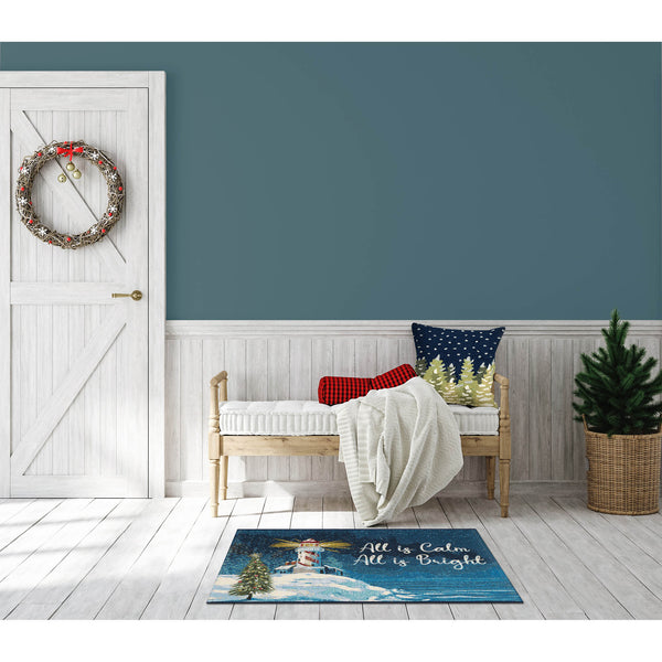 Trans Ocean Liora Manne Esencia All Is Calm Coastal Welcome Mat - Vibrant Lighthouse & Holiday Cheer Decor Navy Polypropylene,Polyester Ecn23971747