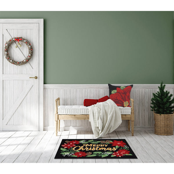 Trans Ocean Liora Manne Merry Christmas Indoor/Outdoor Mat With Festive Poinsettia Design For Holiday Cheer Black Polyester,Acrylic Ftp23469748
