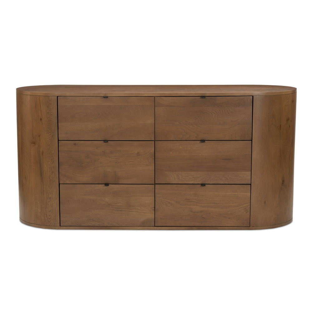 Moe's Home Theo 6 Drawer Dresser In Solid Oak With Soft-close Glides And Minimalist Curved Design For Elegance Brown Solid Oak,Back, Mdf Veneer Oak Rp-1013-03