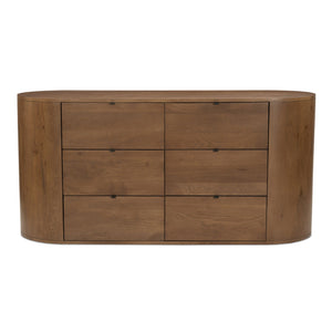 Moe's Home Theo 6 Drawer Dresser In Solid Oak With Soft-close Glides And Minimalist Curved Design For Elegance Brown Solid Oak,Back, Mdf Veneer Oak Rp-1013-03