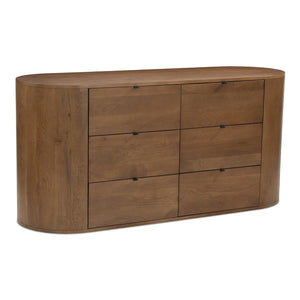 Moe's Home Theo 6 Drawer Dresser In Solid Oak With Soft-close Glides And Minimalist Curved Design For Elegance Brown Solid Oak,Back, Mdf Veneer Oak Rp-1013-03
