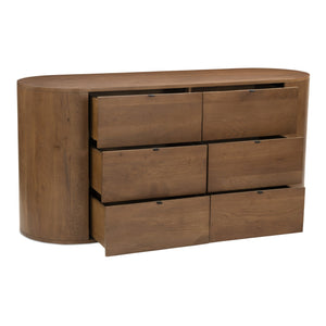 Moe's Home Theo 6 Drawer Dresser In Solid Oak With Soft-close Glides And Minimalist Curved Design For Elegance Brown Solid Oak,Back, Mdf Veneer Oak Rp-1013-03