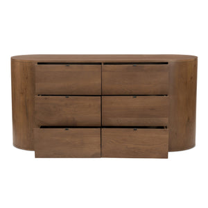 Moe's Home Theo 6 Drawer Dresser In Solid Oak With Soft-close Glides And Minimalist Curved Design For Elegance Brown Solid Oak,Back, Mdf Veneer Oak Rp-1013-03