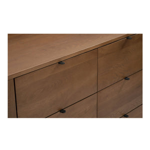 Moe's Home Theo 6 Drawer Dresser In Solid Oak With Soft-close Glides And Minimalist Curved Design For Elegance Brown Solid Oak,Back, Mdf Veneer Oak Rp-1013-03
