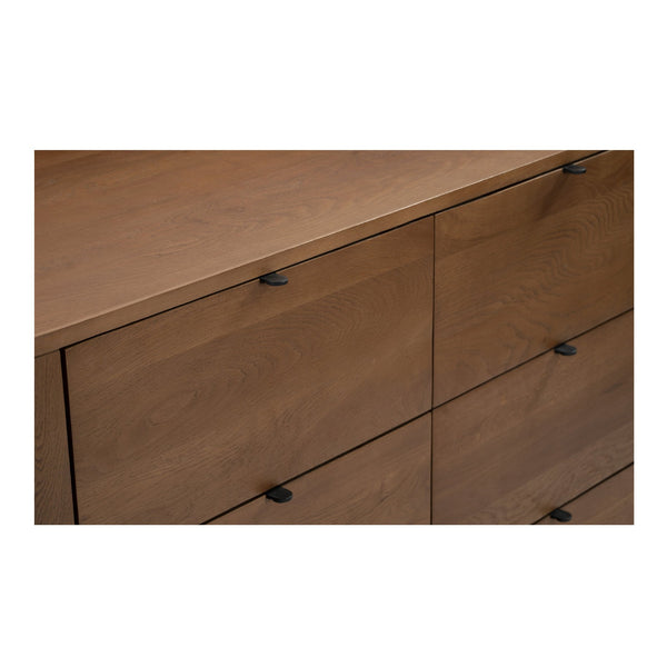 Moe's Home Theo 6 Drawer Dresser In Solid Oak With Soft-close Glides And Minimalist Curved Design For Elegance Brown Solid Oak,Back, Mdf Veneer Oak Rp-1013-03